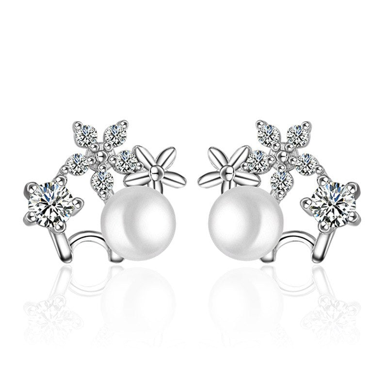 100% 925 sterling silver fashion imitation pearl crystal flower ladies`stud earrings jewelry wholesale Anti allergy drop ship