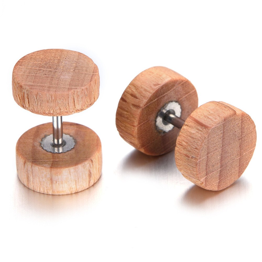 10mm Stainless Steel Stud Hoop Mens Earrings, Wood KE901