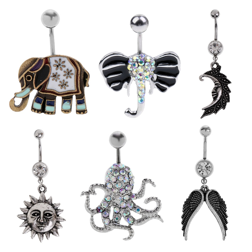 6 Piece Mixed Styles 304 Stainless Steel Wiccan Pagan Belly Bar Navel Ring Body Piercing
