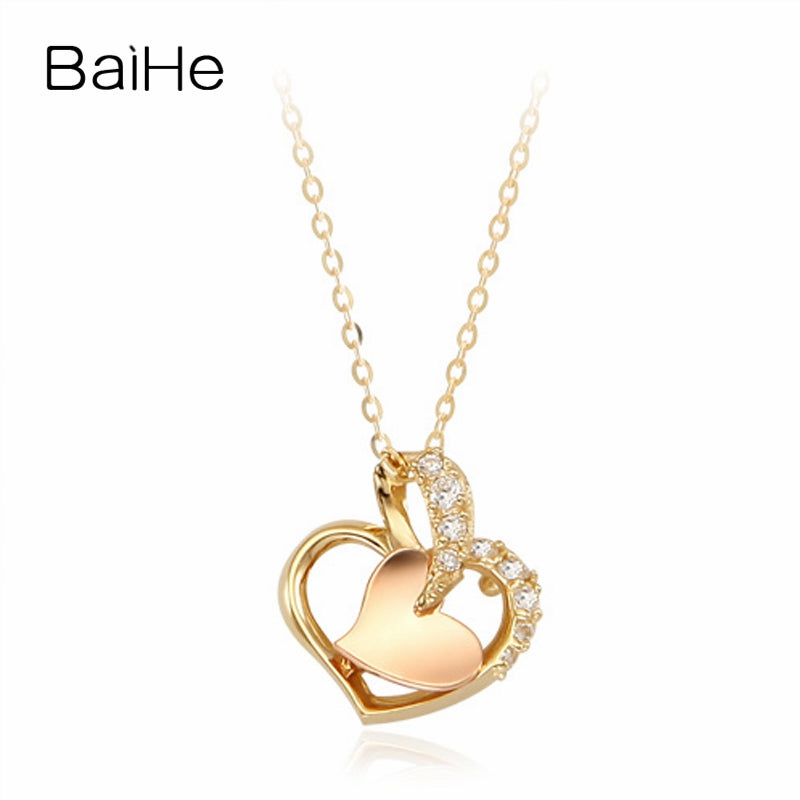 BAIHE Solid 18K Yellow & Rose Gold 0.04ct Certified Round 100% Genuine Natural Diamonds Women Engagement Fine Jewelry Necklaces