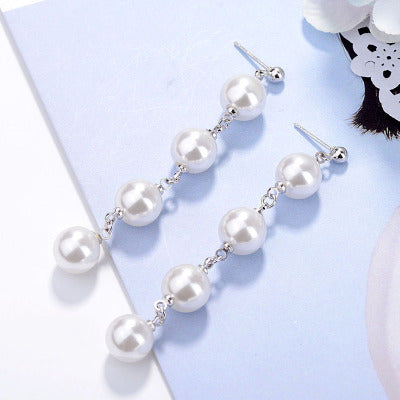 Beautiful women long Drop Earring Imitation white pearl Grape string manual Fashion Big Ear Drops silver color Charm Earrings