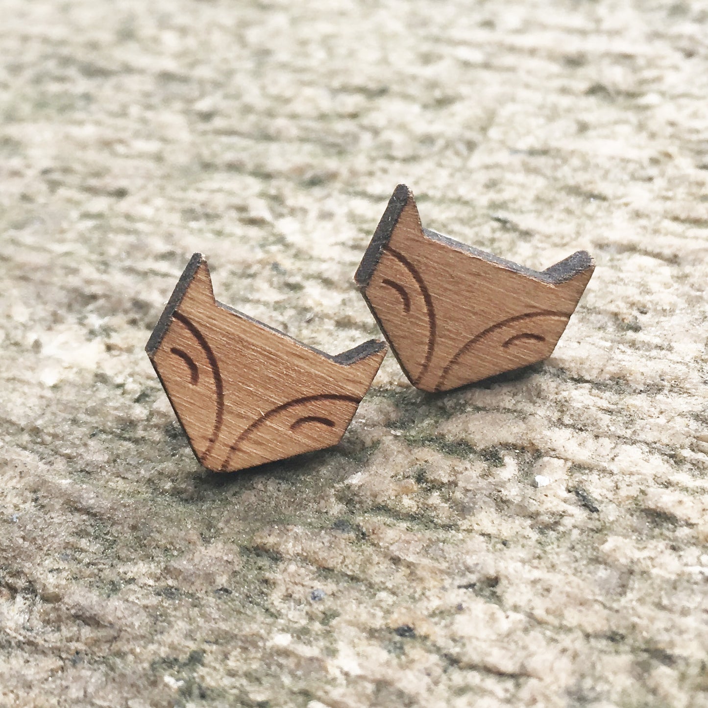 Cute Fox Solid Wood Engraved Earrings Lovely Fox Stud Animal Earring Wooden Earring Handmade Earrings X 1 Pair
