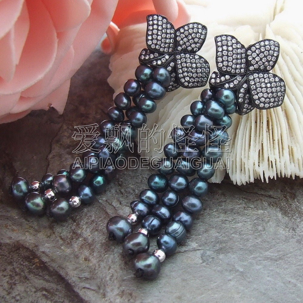 E061515 2.5'' Black Pearl CZ Earrings-925 Sliver Hook