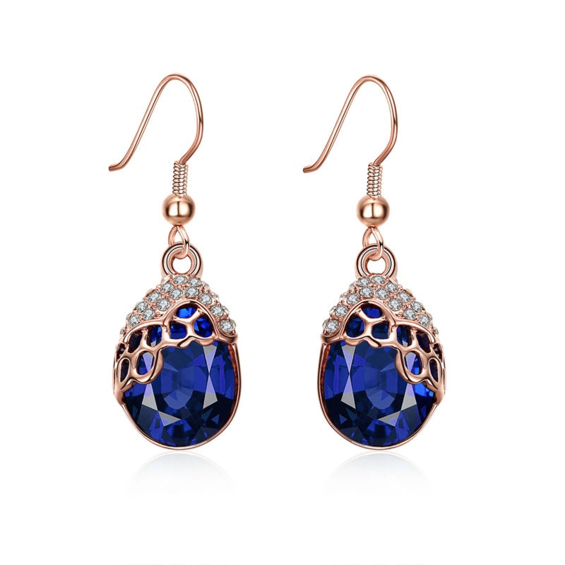 Fashion Christmas Gifts Wholesale Women Water Drop Blue Stone Earring Rose Gold Cover Jewelry Dazzling Czech Drill Inlaid 2016