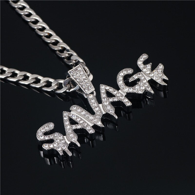 Bling Bling Savage Letter Necklace & Pendant Shiny Ice Out Link Chain Necklace With Tennis Chain Choker Hip Hop Jewelry for Men