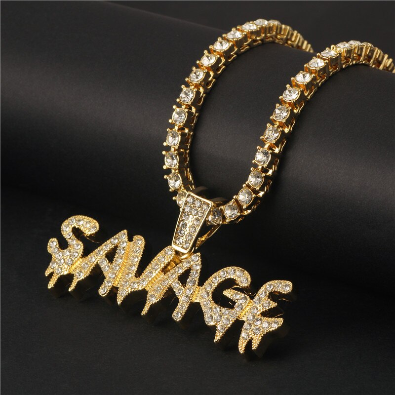 Bling Bling Savage Letter Necklace & Pendant Shiny Ice Out Link Chain Necklace With Tennis Chain Choker Hip Hop Jewelry for Men