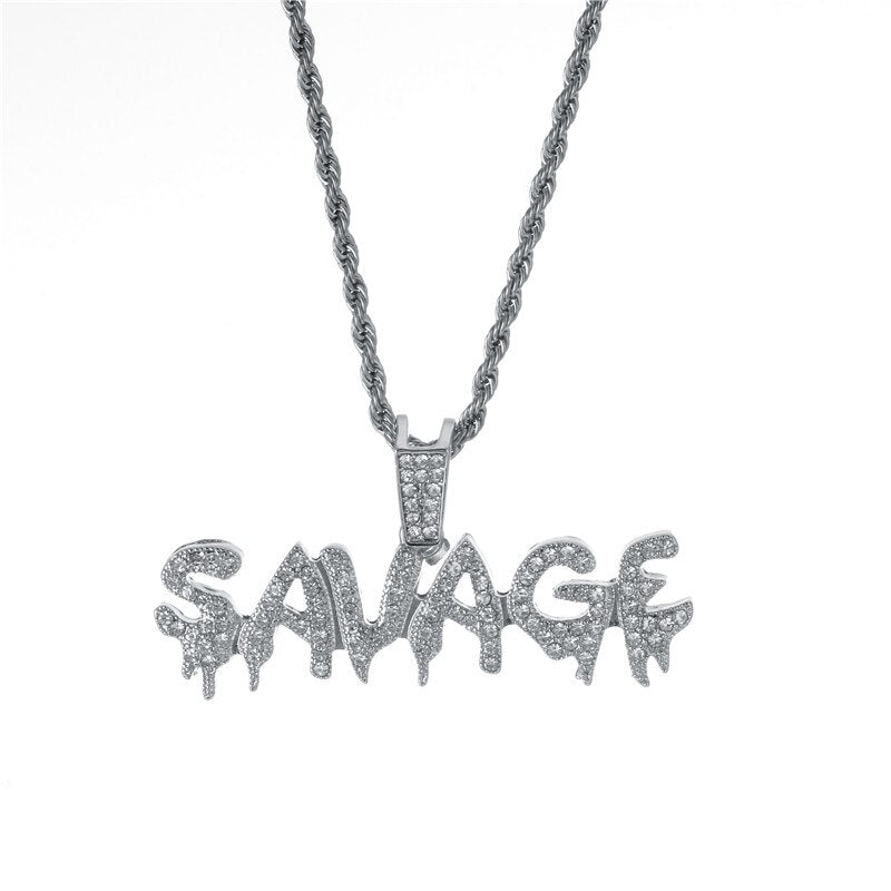 Bling Bling Savage Letter Necklace & Pendant Shiny Ice Out Link Chain Necklace With Tennis Chain Choker Hip Hop Jewelry for Men
