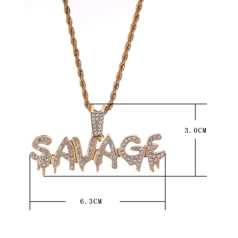Bling Bling Savage Letter Necklace & Pendant Shiny Ice Out Link Chain Necklace With Tennis Chain Choker Hip Hop Jewelry for Men