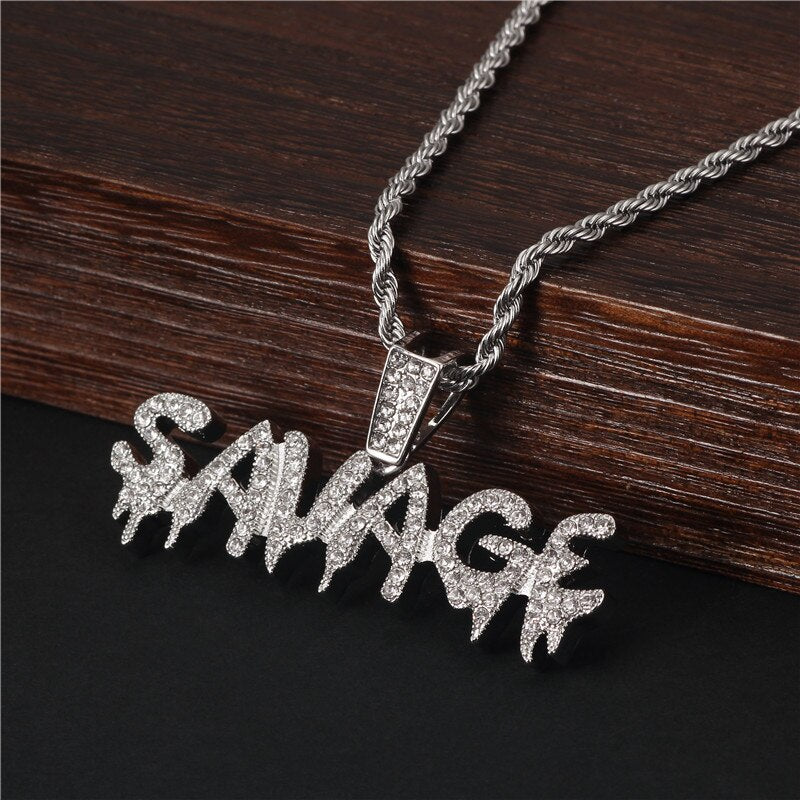 Bling Bling Savage Letter Necklace & Pendant Shiny Ice Out Link Chain Necklace With Tennis Chain Choker Hip Hop Jewelry for Men