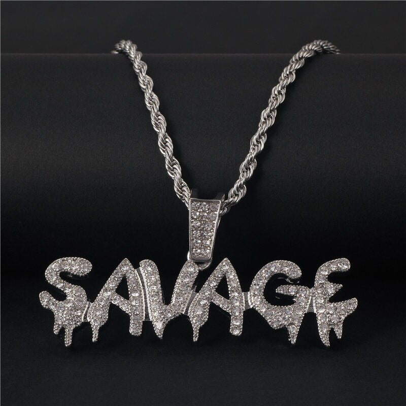 Bling Bling Savage Letter Necklace & Pendant Shiny Ice Out Link Chain Necklace With Tennis Chain Choker Hip Hop Jewelry for Men