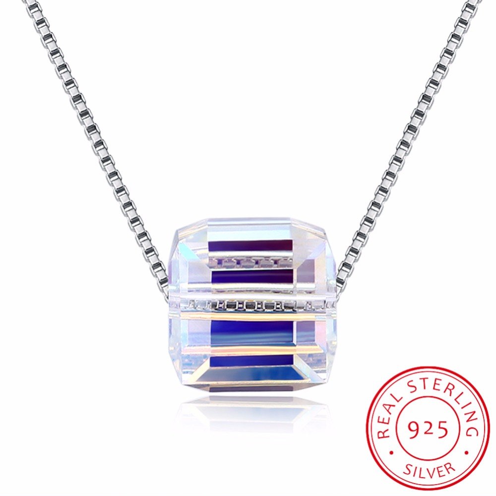 Handmade Necklace Women 925 Sterling Silver Box Chain Crystal Cube Pendant Necklaces Silver 925 Fine Jewellery Friends Gifts