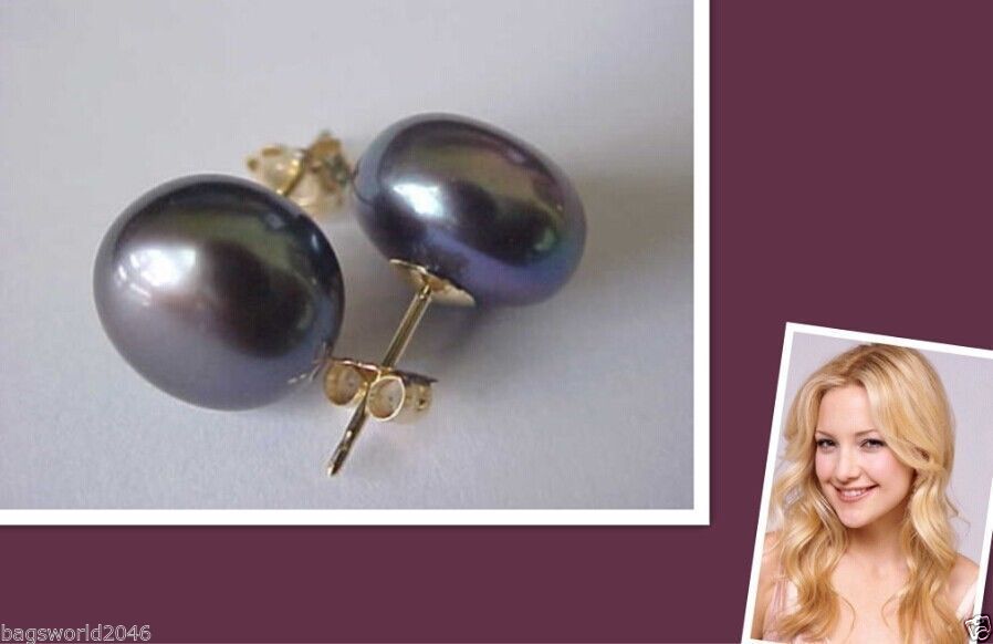 Hot 10-11 mm Tahitian AAA Black Pearl Stud Earrings 925silver SOLID GOLD