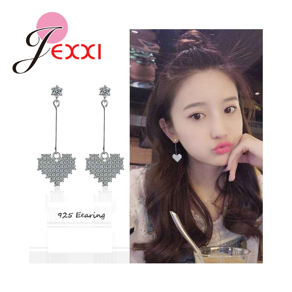 Sweet True Love Hearts Genuine 925 Sterling Silver Luxury Jewelry With Dazzling Crystals Stud Earring For Women Weddi