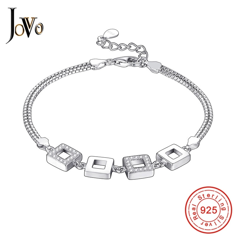 JOVO 925 Sterling Sliver Charms Cute Bracelets women Fashion geometric square little zircon chain adjustable silver bracelet