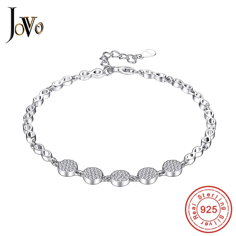 JOVO Fine Jewellery 925 Sterling Sliver Bracelets Charms Cute women geometric round little zircon chain adjustable bangle