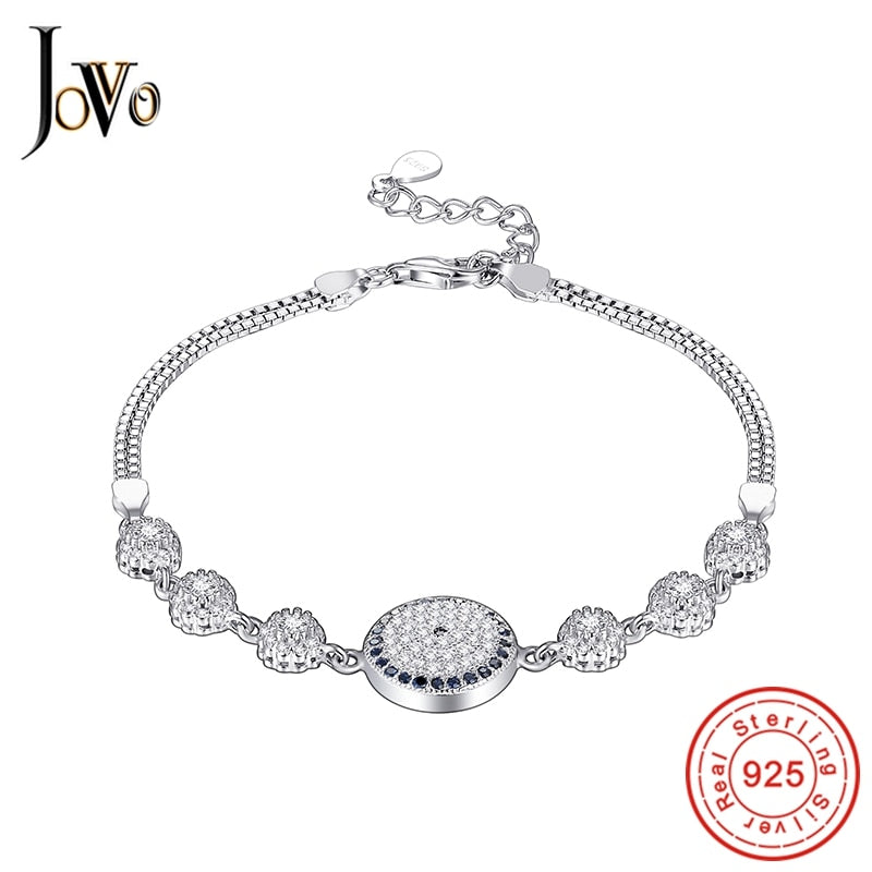 JOVO Romantic 925 Sterling Sliver Charms Cute Bracelets women Fashion round little zircon chain adjustable ladies silver bracele