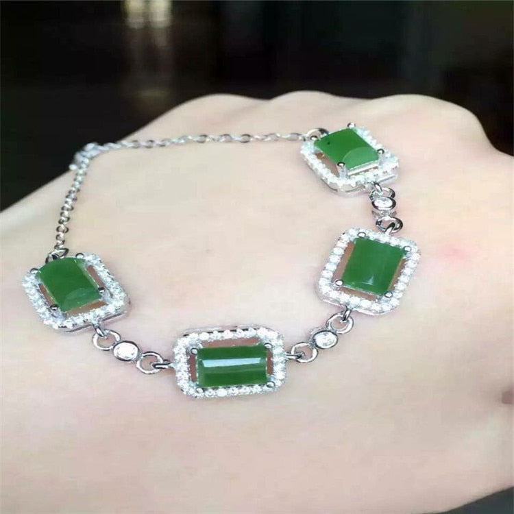 fine jewelry 925 Pure silver inl natural hetian jasper female style bracelet small wild flowers rectangular