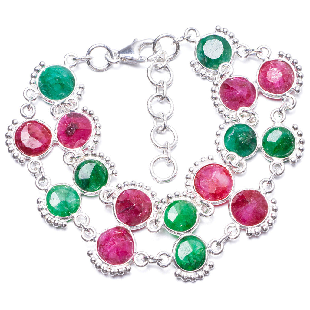 Natural Cherry Ruby and Emerald Handmade Unique 925 Sterling Silver Bracelet 6 3/4-7 3/4 Y1994