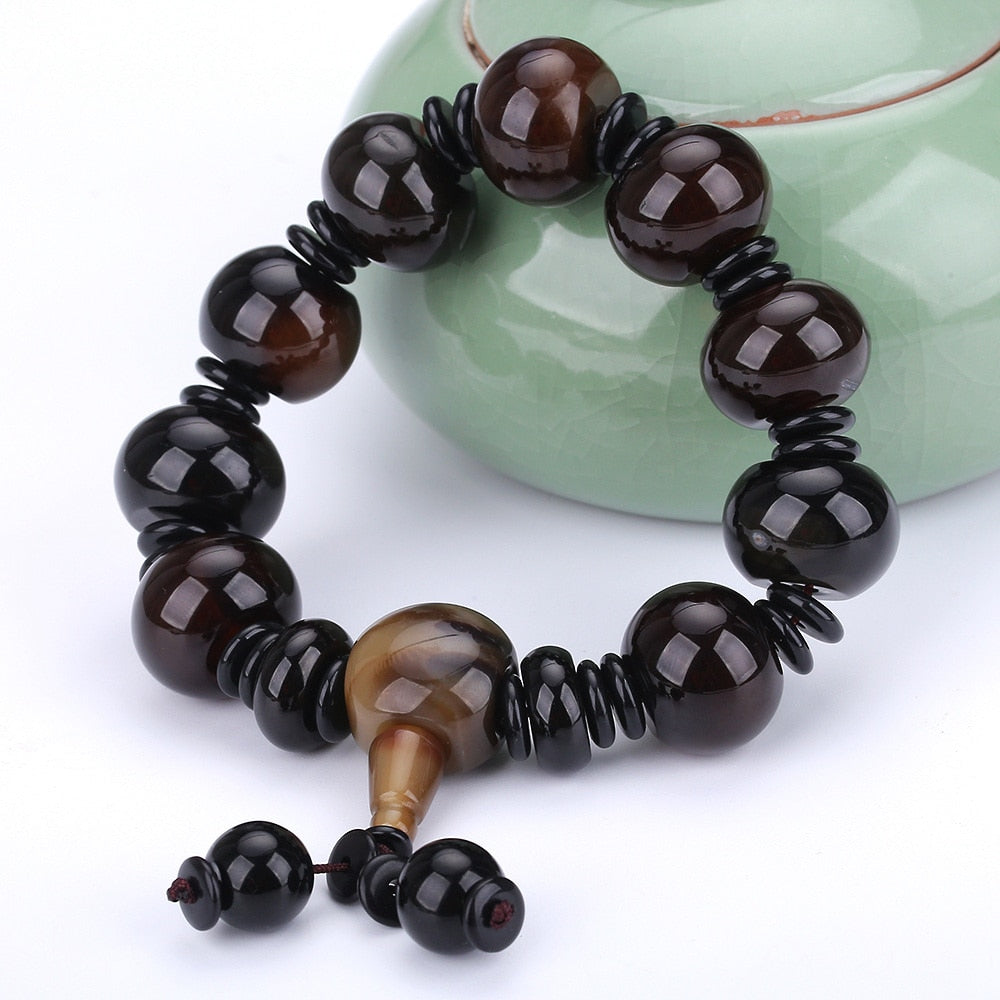Natural Stone Bracelet Black Agate Crystal Buddhist Buddha Prayer Beads Mala Unisex Men Bracelets Bangles Healing Jewelry Bijoux