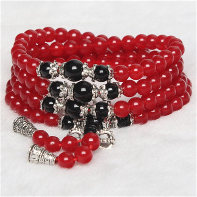 Natural Stone Red Chalcedony Bracelet Round Bead Silver Black Agate Lucky Bangle Women Crystal Quartz Jewelry Love Energy Gift