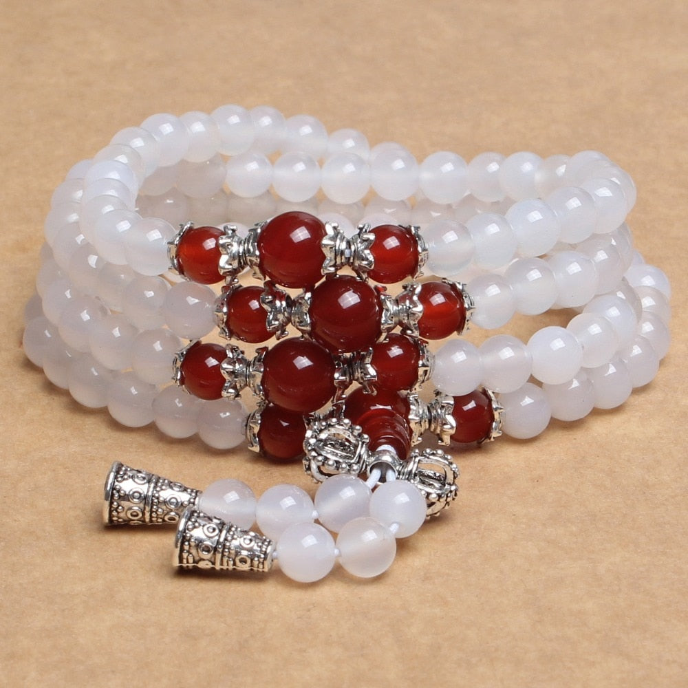 Natural Stone White Agate Bracelet Round Bead Silver Red Chalcedony Lucky Bangle Women Crystal Quartz Jewelry Love Energy Gift