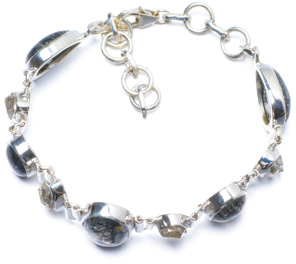 Natural Tourmalinated Quartz Rough White Topaz Unique 925 Sterling Silver Bracelet 6 3/4-8 Y0128