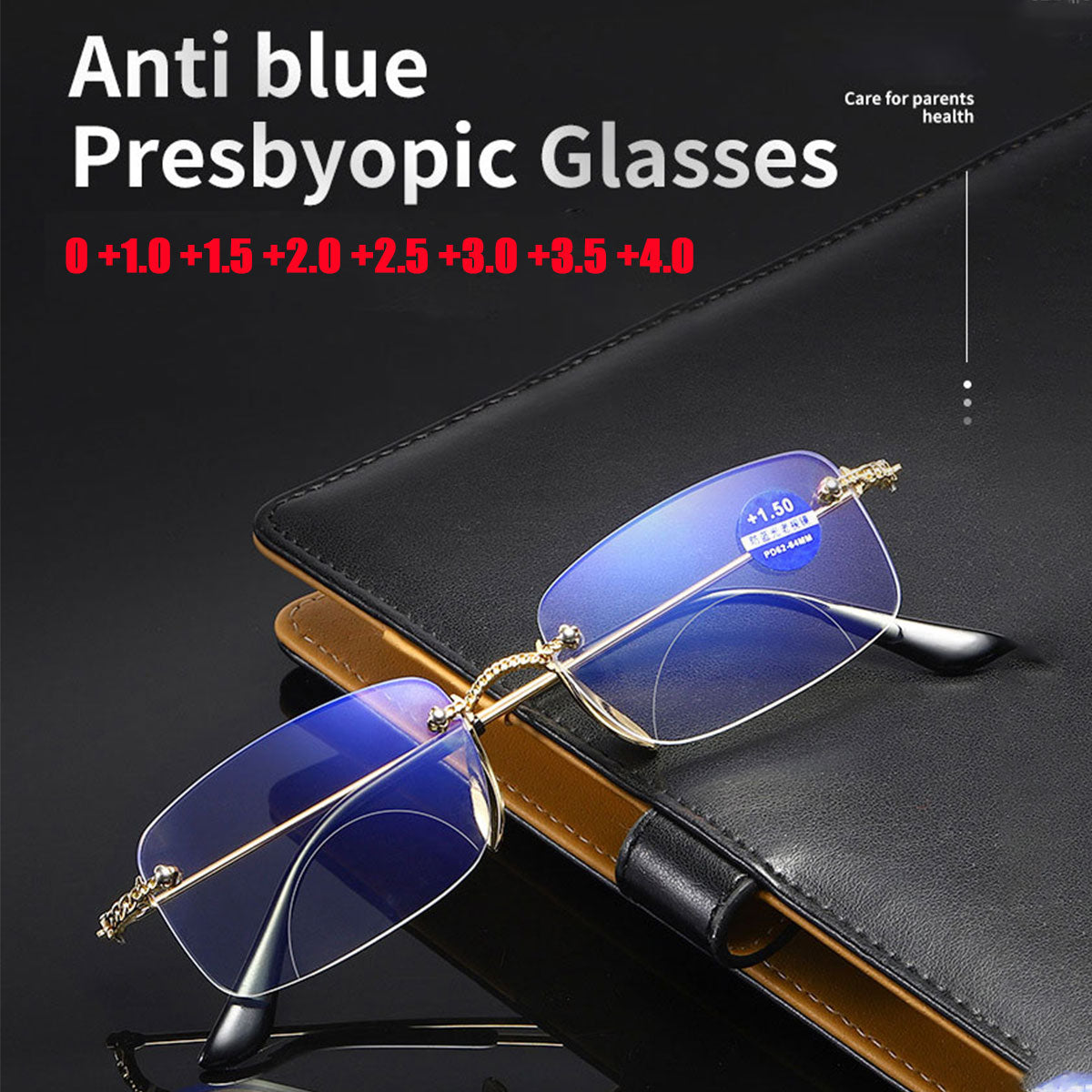 Diamond-Cut Bifocal Progressive Reading Glasses Unisex Blue Light Blocking Multifocal Eyewear Ultralight Rimless Eyeglasses