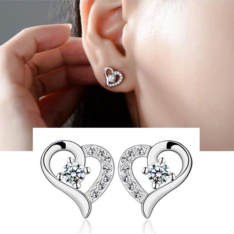 New Fashion Womens Silver Plated Heart Crystal Stud Earrings Snowflake Ear Stud Jewelry ER701