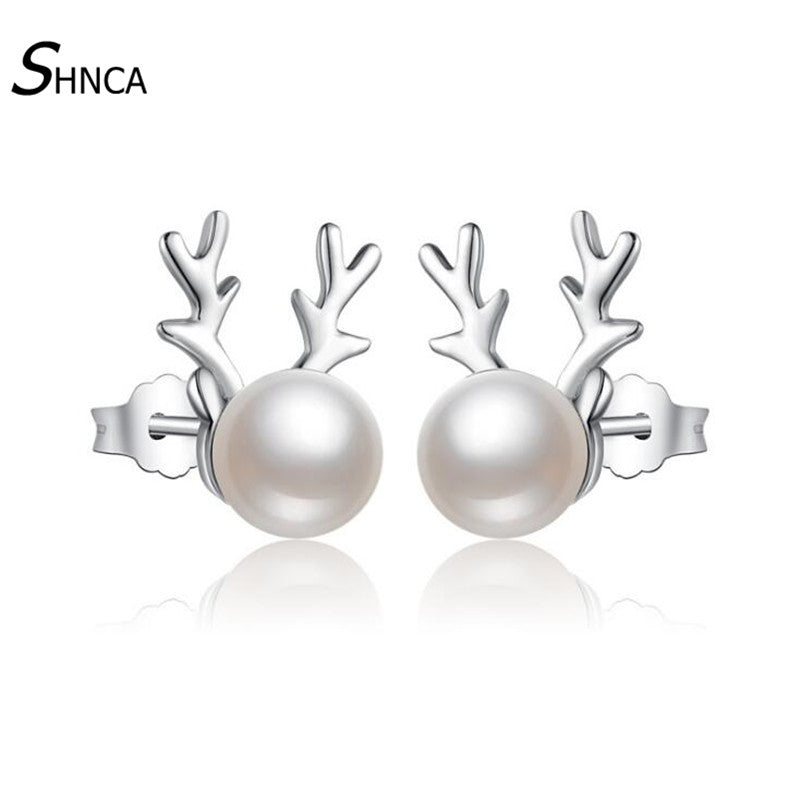 New Luxury Sweet 925 Sterling Silver Natural Pearl Earring Cute Cartoon Elk Deer Antlers Stud Earrings For Women Jewelry E028