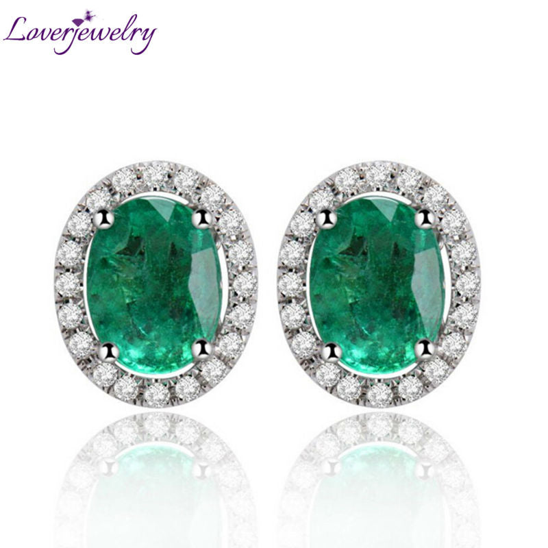 Oval 6x8mm Solid 14Kt White Gold Diamond Emerald Earrings Studs Emerald Fashion Earrings Jewelry In 585 White Gold E0053