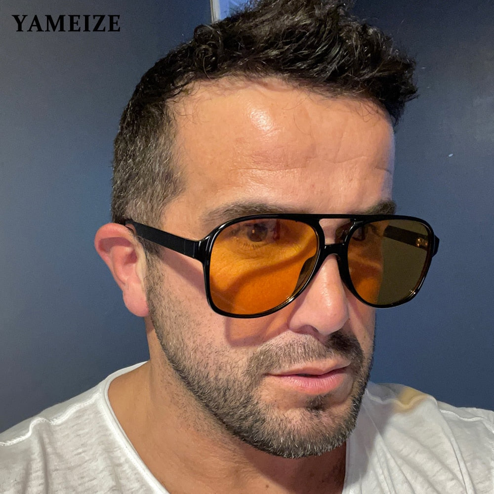 Retro 70s Oversized Sunglasses – Yellow Lens Square Shades – Unisex Adult – UV Protection