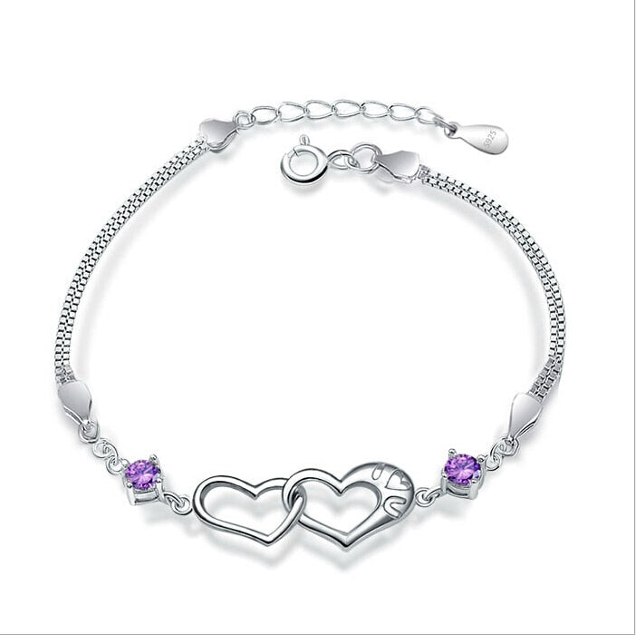 Silver Heart Bracelet 100% Real 925 Sterling Silver Bracelet with Cubic Zirconia