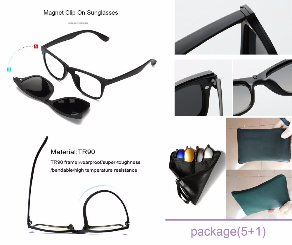 Magnetic Clip On Sunglasses For Men Polarized Retro Square...