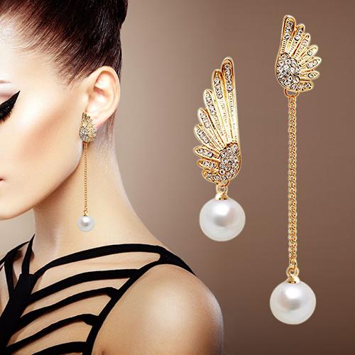 Women Angel Wing Rhinestones Faux Pearl Dangle Asymmetric Earrings Eardrops Pendants Drop Earrings Bridal Jewelry For Women