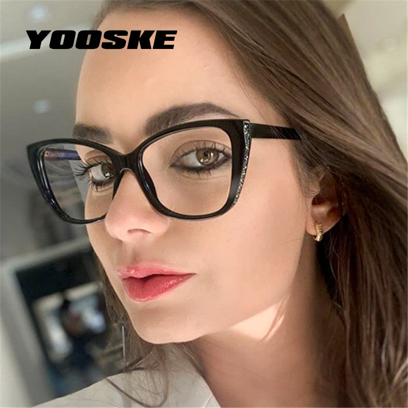 YOOSKE Anti Blue Light Glasses Frames Women Cat Eye Eyeglasses Diamond-studded Design Bluelight Computer Optical Frame