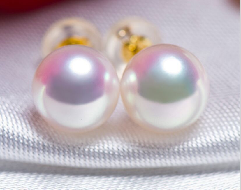 free shupping Perfect AAA natural 8-9mm Akoya white pearl pearl earrings gold