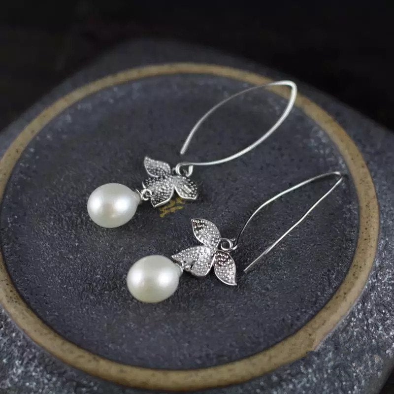 one pair pearl white rice 8-10mm s925 hook earrings wholesale beads nature