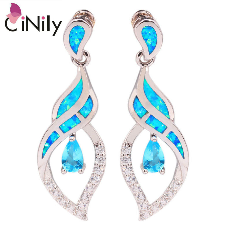CiNily Created Blue Fire Opal Blue Zircon Cubic Zirconia Silver Plated Wholesale for Women Jewelry Stud Earrings 1 1/8" OH3098