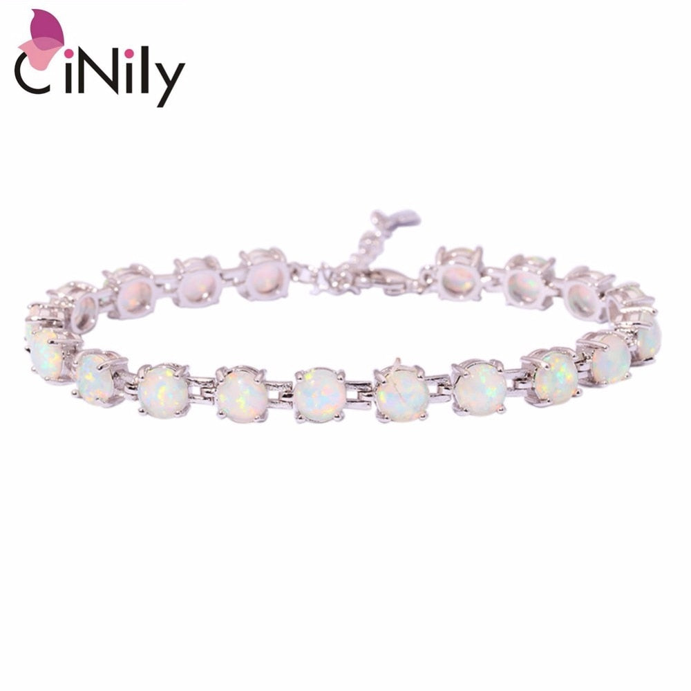 CiNily Created White Blue Pink Fire Opal Silver Plated Wholesale Round-Shape for Women Jewelry Chain Bracelet 7"-8 1/2" OS383-86