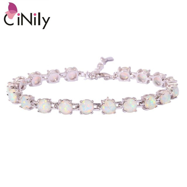 CiNily Created White Blue Pink Fire Opal Silver Plated Wholesale Round-Shape for Women Jewelry Chain Bracelet 7"-8 1/2" OS383-86