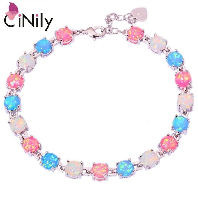 CiNily Created White Blue Pink Fire Opal Silver Plated Wholesale Round-Shape for Women Jewelry Chain Bracelet 7"-8 1/2" OS383-86
