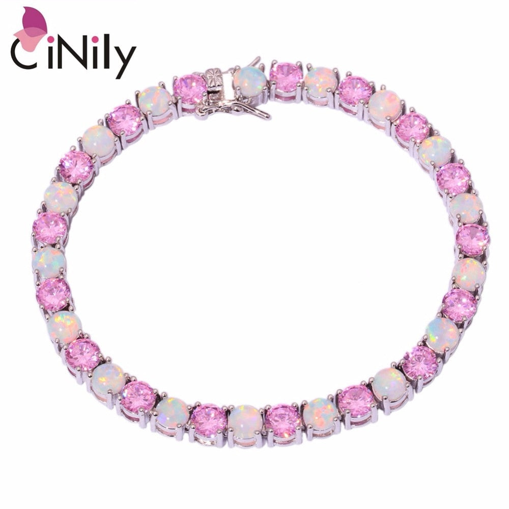 CiNily Created White Blue Pink Fire Opal Pink Stone Silver Plated Wholesale for Women Jewelry Chain Bracelet 7 5/8" OS374-77