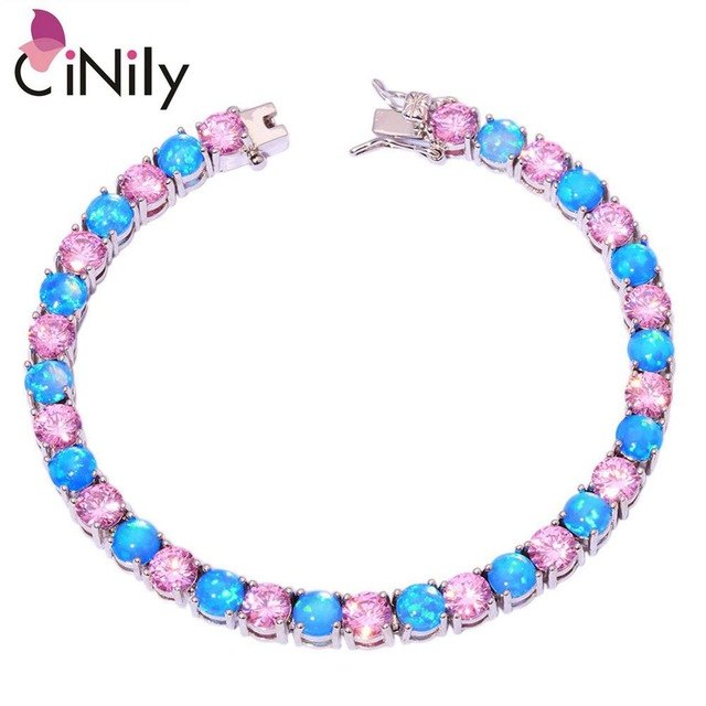 CiNily Created White Blue Pink Fire Opal Pink Stone Silver Plated Wholesale for Women Jewelry Chain Bracelet 7 5/8" OS374-77