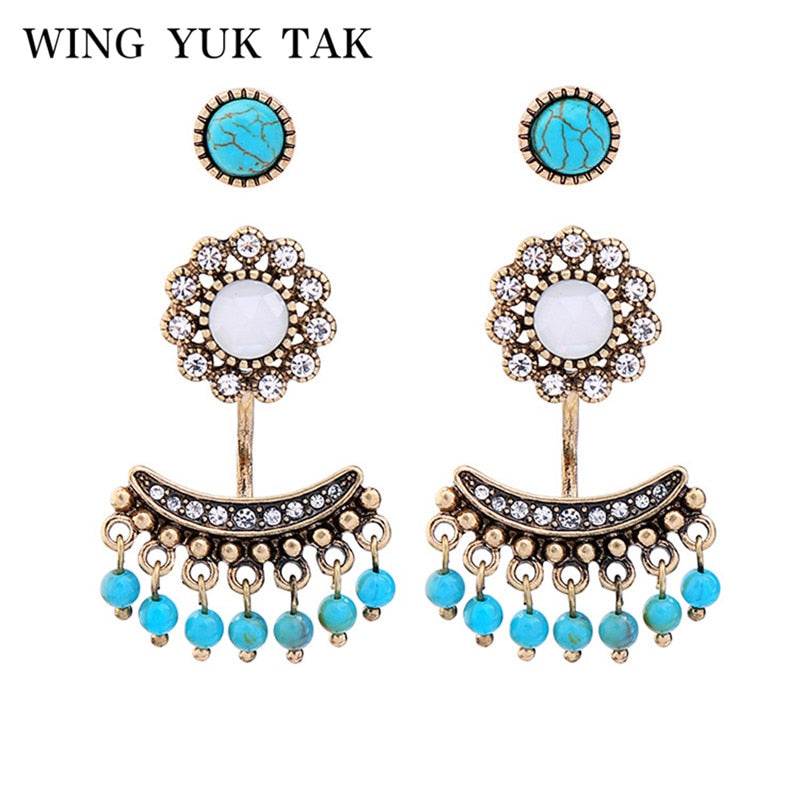 3 pairs/set Bohemian Earrings Set Crystal Flowers Top Fashion Ball Tassel Stone Vintage Gold Color Stud Earrings