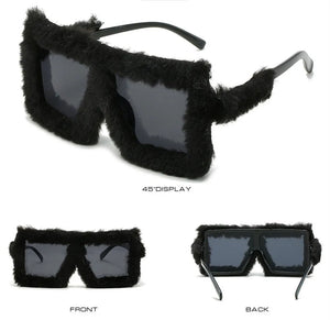 Fur Velvet Sunglasses for Women Luxury Oversized Cat Eye Plush Sun Glasses Female Party Club Funny Eyewear 9145