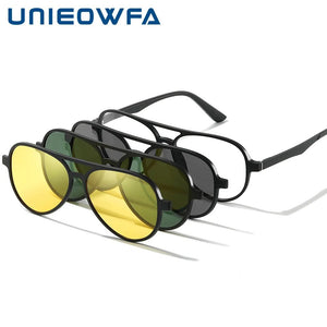 3Pcs Night Vision Magnetic Clip on Glasses Men Frame Prescription Optical Eyeglasses Frame Myopia Aviation Polarized Sunglasses