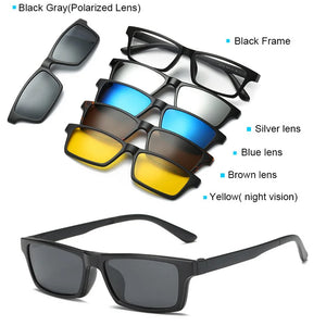 5 in 1 Sunglasses Men Magnetic Clip On Lens Glasses Polarized Driving Fishing For Myopia Eyeglasses Frame