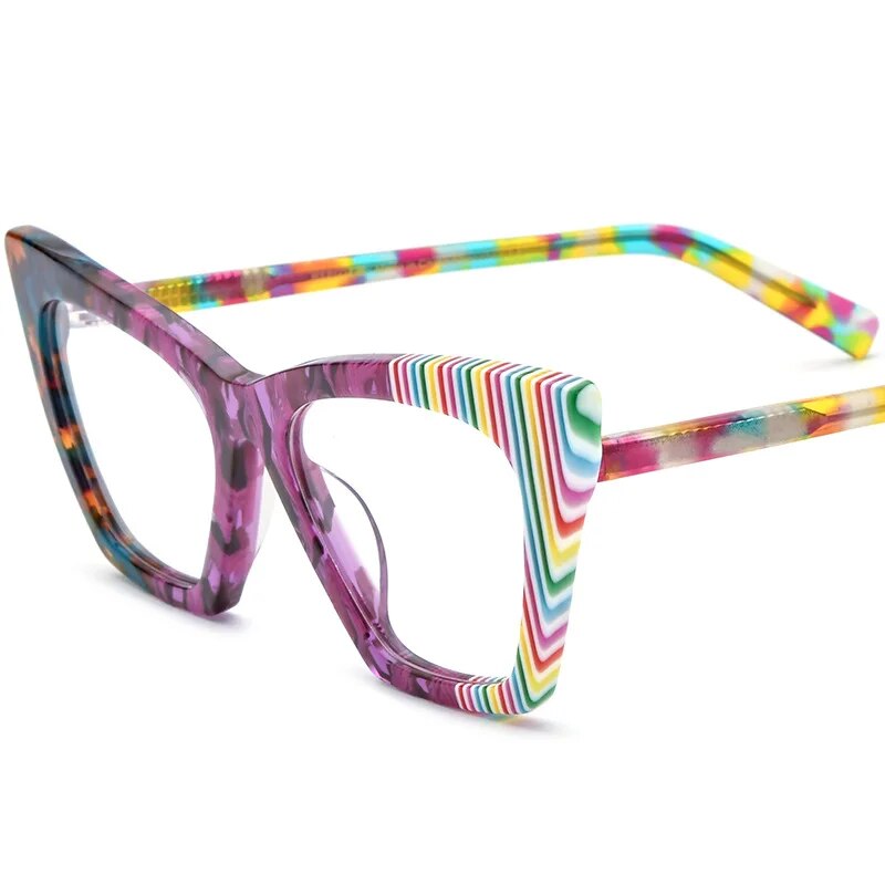 56918 Flower Acetate Glasses Frame Ladies Popular Rainbow Cat Eye Clear Eyeglass Men   Spring Hinge Anti Blue Glasses