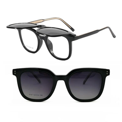 Acetate Square Shape 2 in 1 Trendy Optical Glasses Frame with Magnetic Clip Flip Up Polarized Sunglasses Lenses 7071