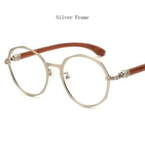 Brightzone Retro Round Polygon Wood Temple Metal Eyewear Prescription Eyeglasses Frame Men Women Myopia Optical Rx Glasses Frame